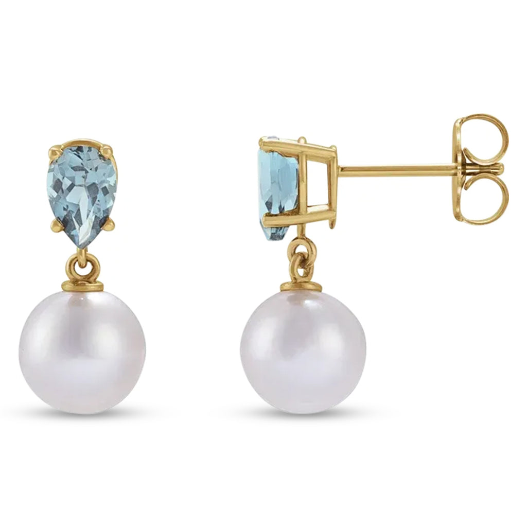 Natural Aquamarine & White Akoya Pearl Drop Earrings 14K Yellow Gold (0.35ct)