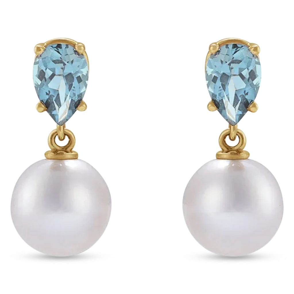 Natural Aquamarine & White Akoya Pearl Drop Earrings 14K Yellow Gold (0.35ct)