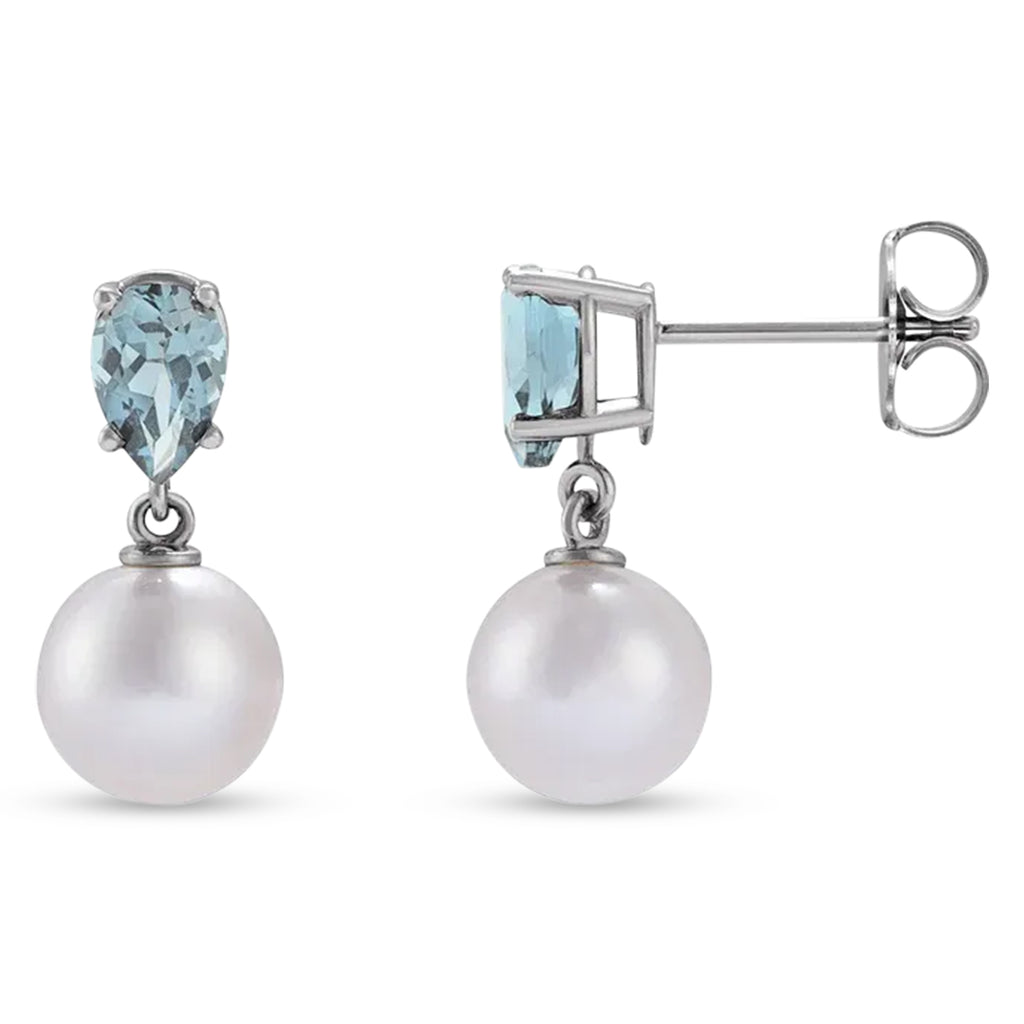 Natural Aquamarine & White Akoya Pearl Drop Earrings 14K White Gold (0.35ct)