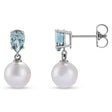 Natural Aquamarine & White Akoya Pearl Drop Earrings 14K White Gold (0.35ct)