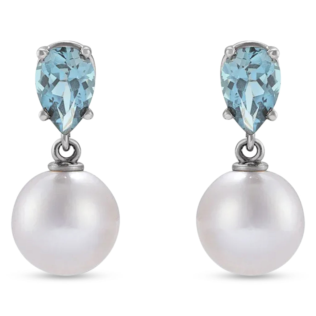 Natural Aquamarine & White Akoya Pearl Drop Earrings 14K White Gold (0.35ct)