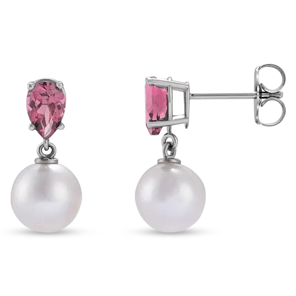 Natural Pink Tourmaline & White Akoya Pearl Drop Earrings 14K White Gold (0.41ct)