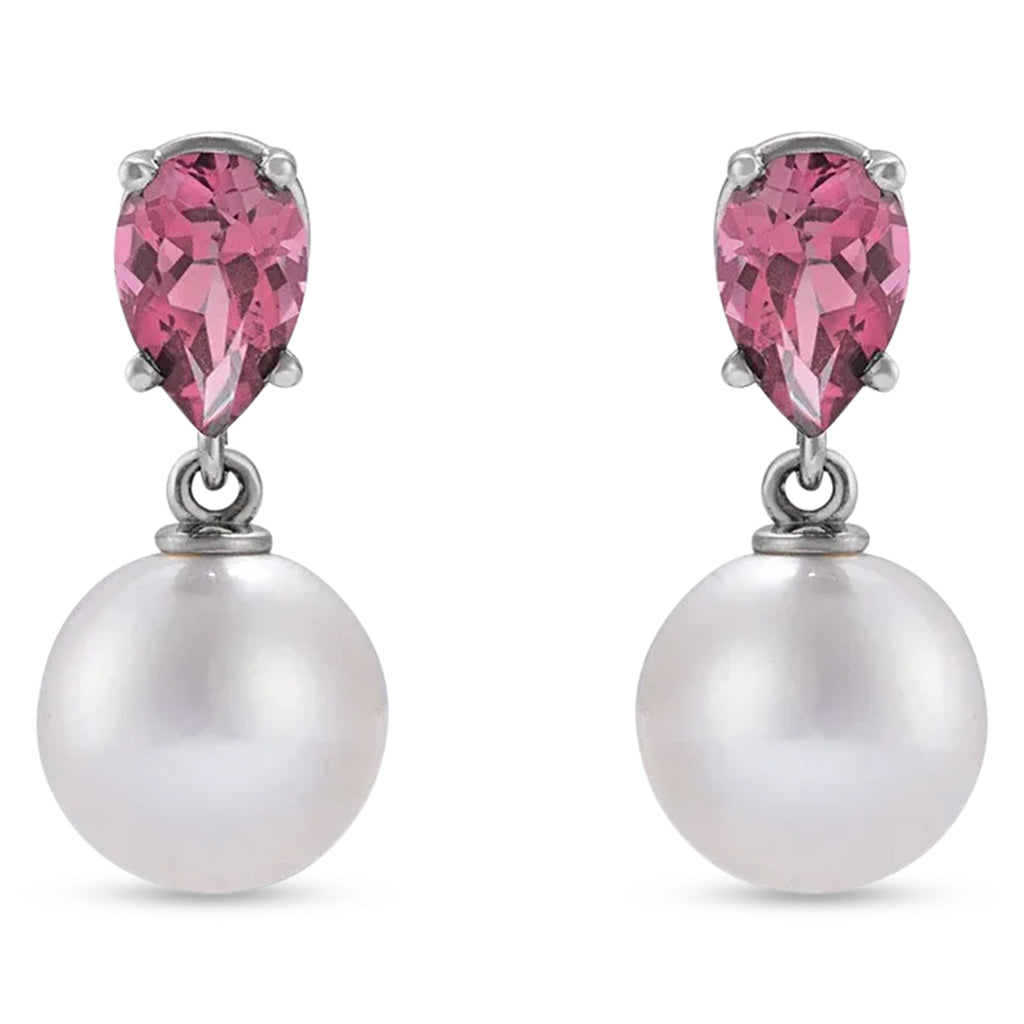 Natural Pink Tourmaline & White Akoya Pearl Drop Earrings 14K White Gold (0.41ct)