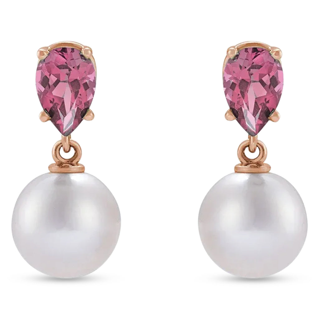 Natural Pink Tourmaline & White Akoya Pearl Drop Earrings 14K Rose Gold (0.41ct)