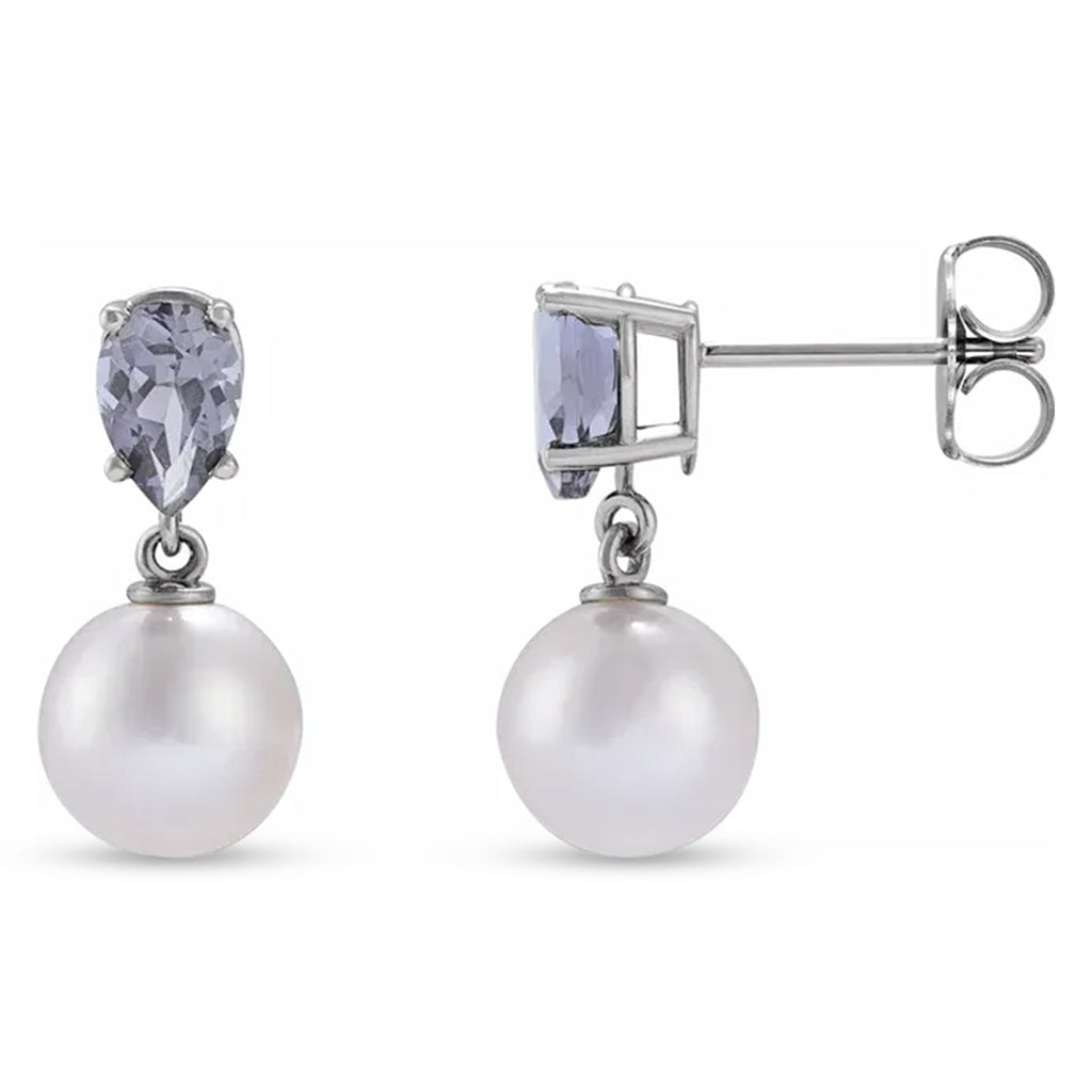 Natural Tanzanite & White Akoya Pearl Drop Earrings 14K White Gold (0.41ct)