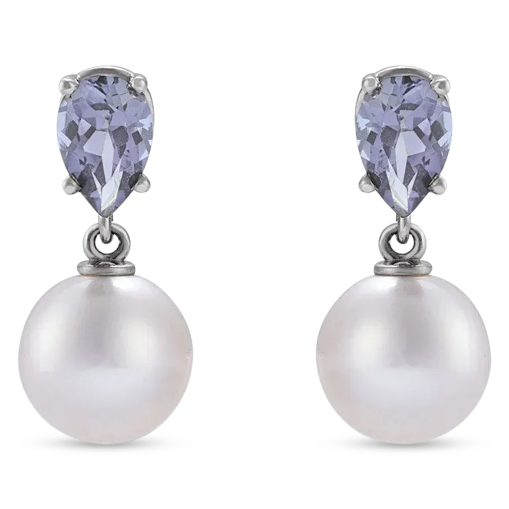 Natural Tanzanite & White Akoya Pearl Drop Earrings 14K White Gold (0.41ct)
