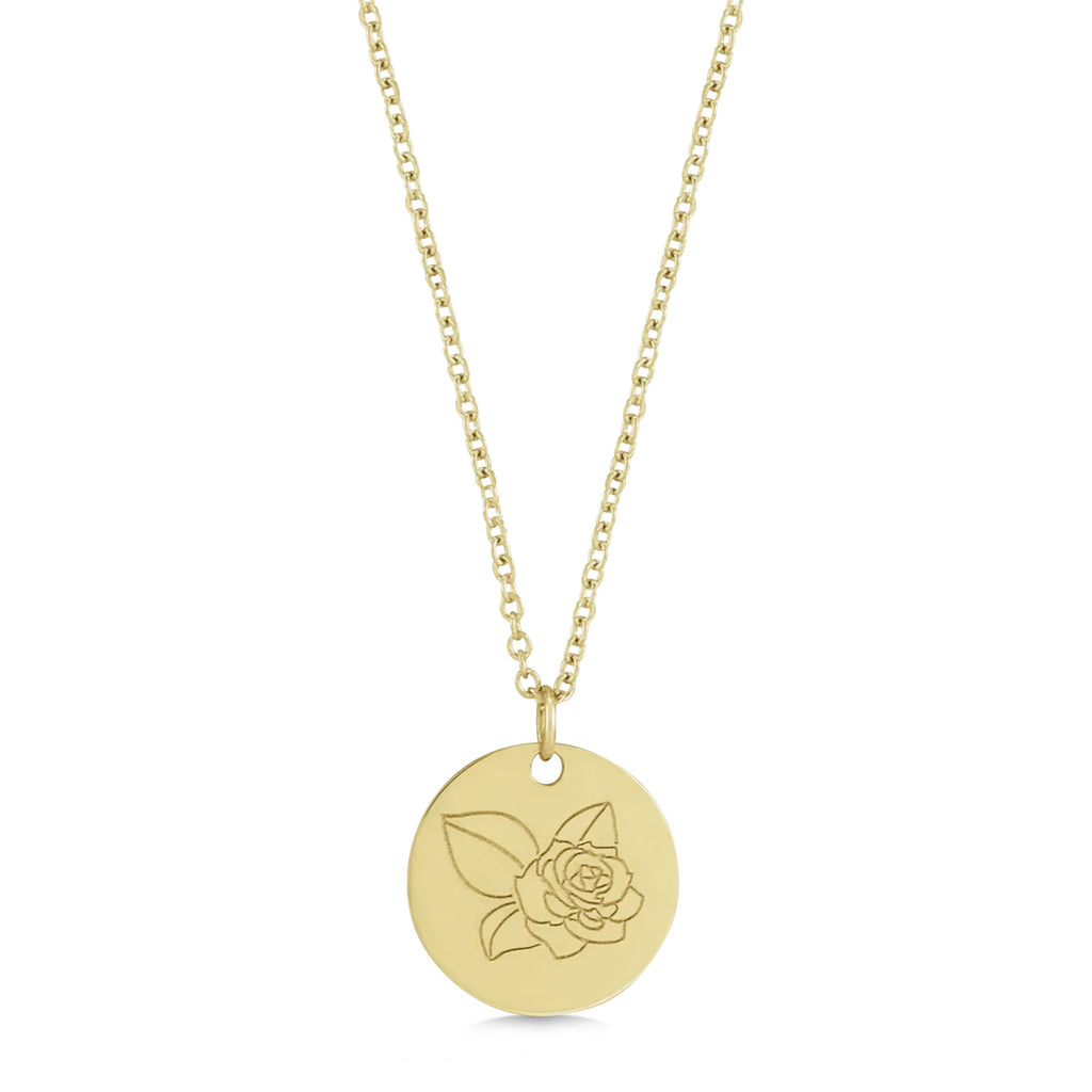 June Birth Flower Rose Disc Pendant Necklace 14K Yellow Gold