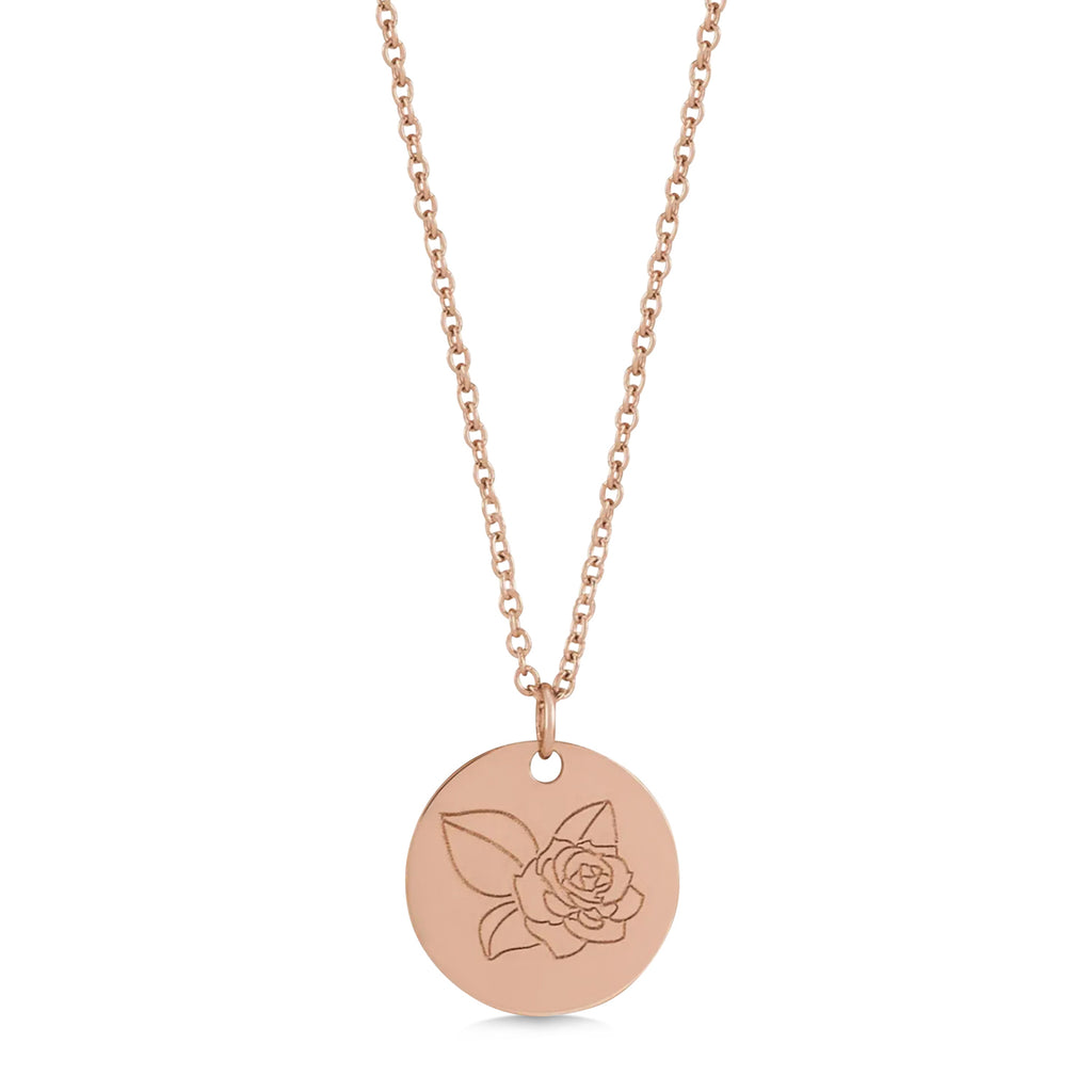 June Birth Flower Rose Disc Pendant Necklace 14K Rose Gold