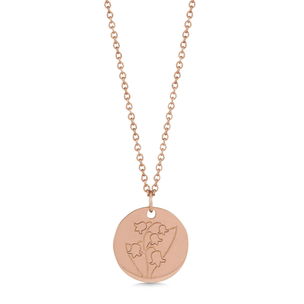 May Birth Flower Lily of the Valley Disc Pendant Necklace 14K Rose Gold