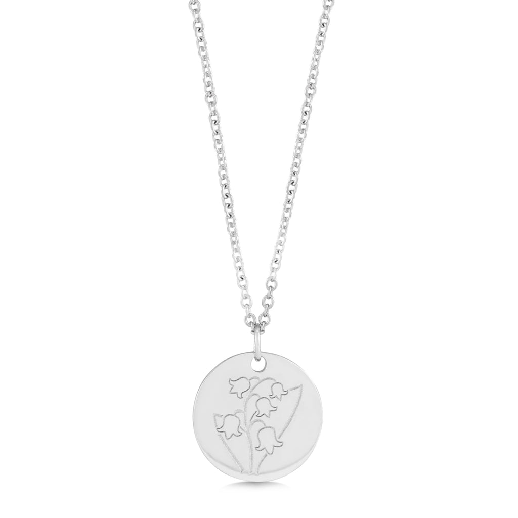 May Birth Flower Lily of the Valley Disc Pendant Necklace 14K White Gold