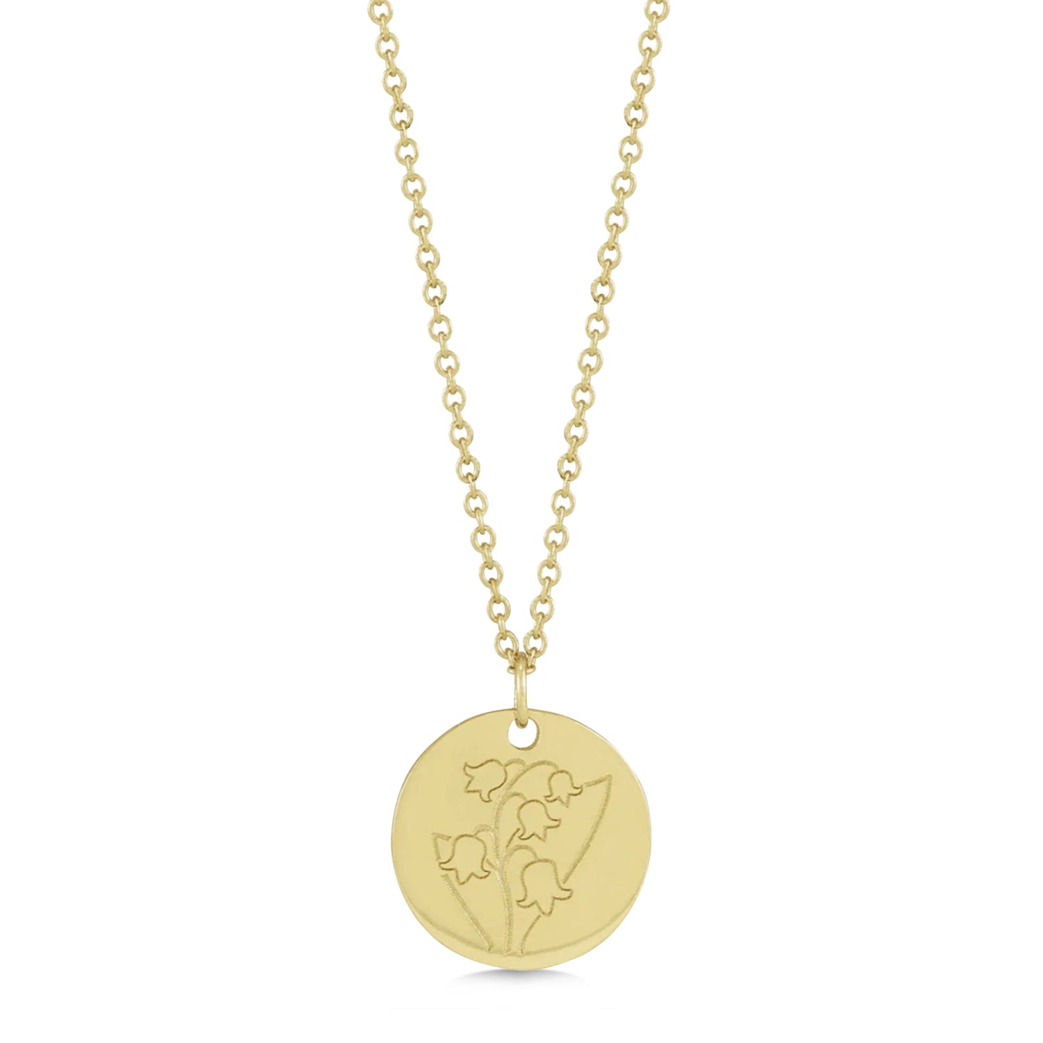 lily flower necklace gold Allurez May Birth Flower Lily of the Valley Disc Pendant Necklace 14K Yellow Gold