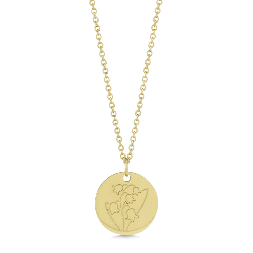 May Birth Flower Lily of the Valley Disc Pendant Necklace 14K Yellow Gold
