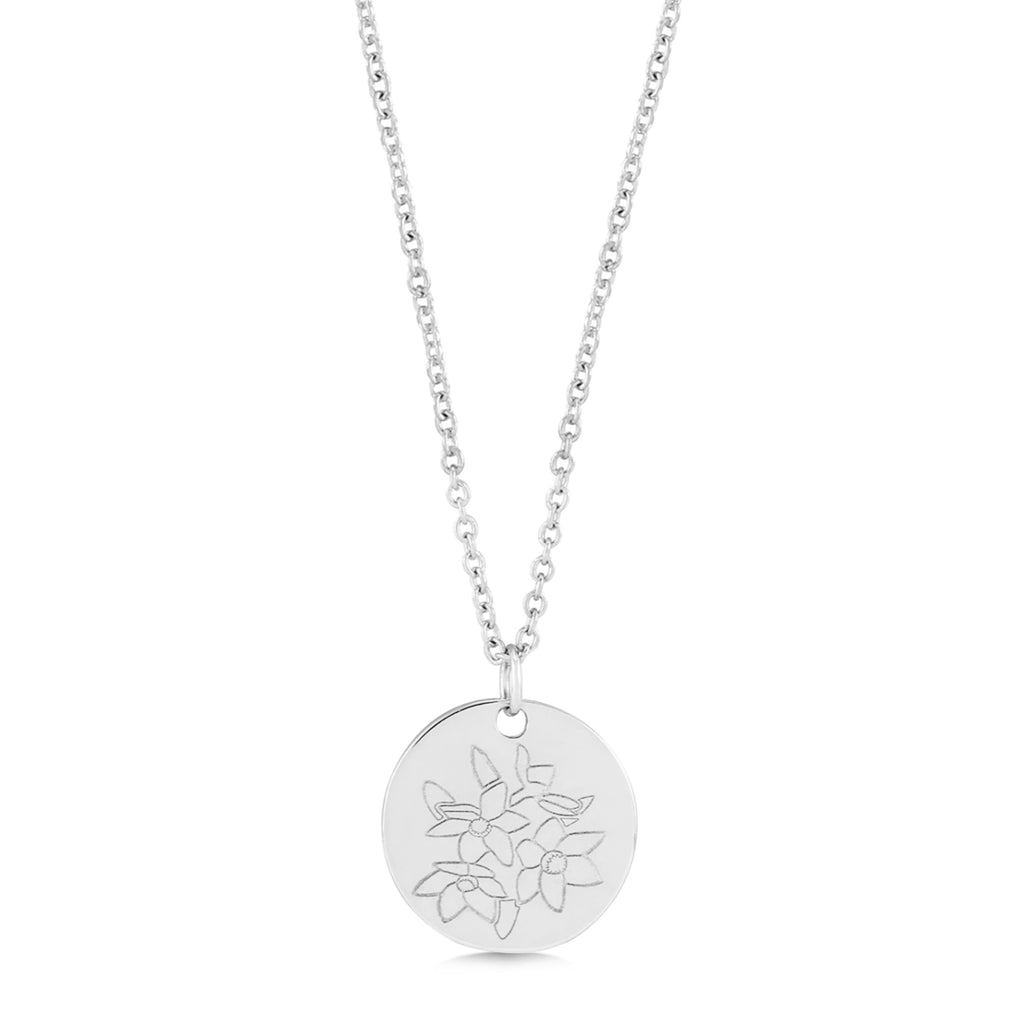 December Birth Flower Narcissus Disc Pendant Necklace 14K White Gold