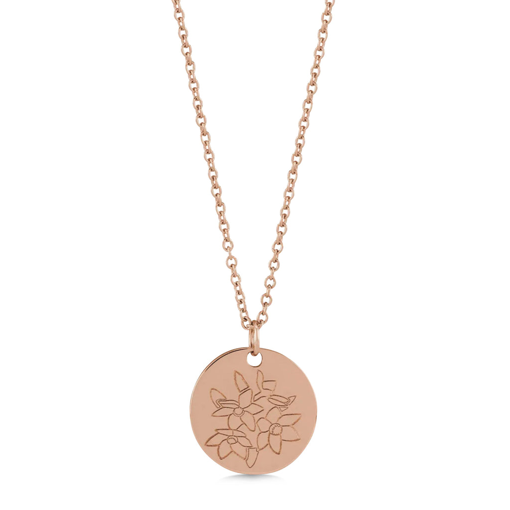 December Birth Flower Narcissus Disc Pendant Necklace 14K Rose Gold