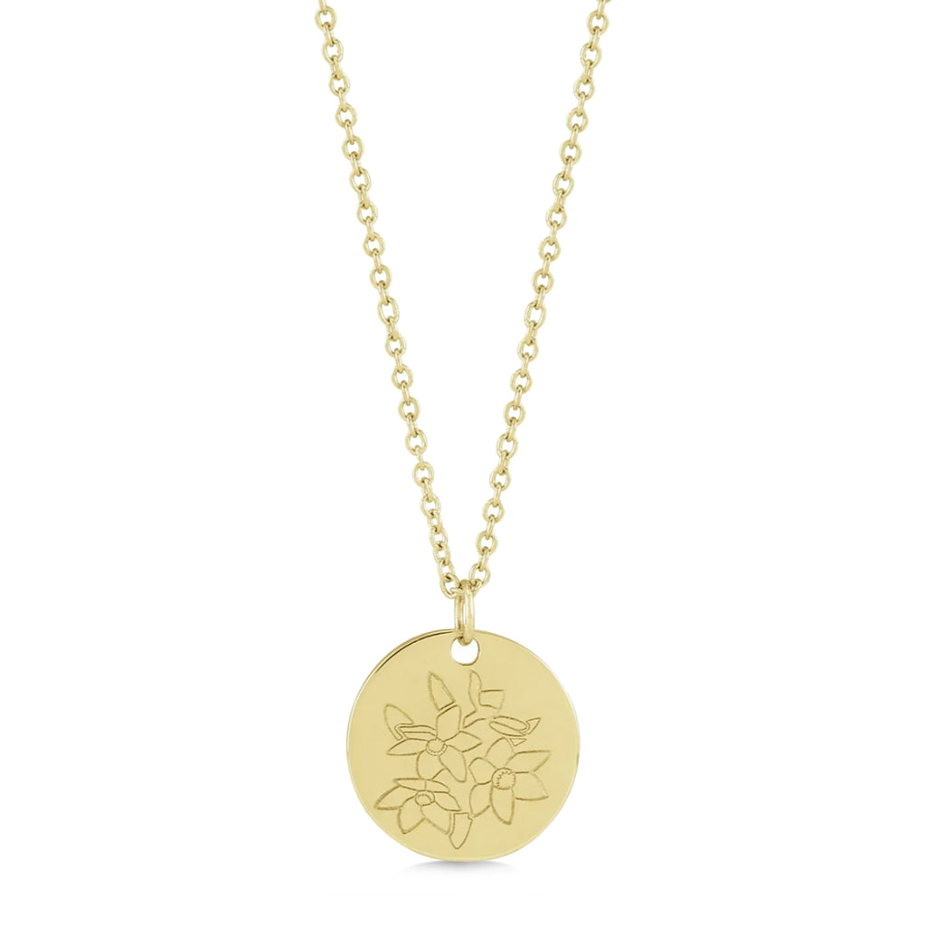 December Birth Flower Narcissus Disc Pendant Necklace 14K Yellow Gold