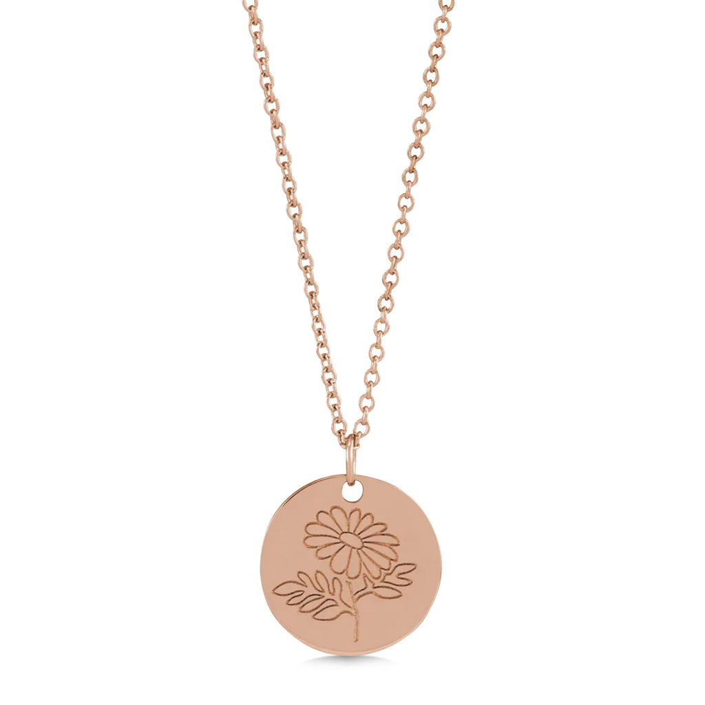 April Birth Flower Daisy Disc Pendant Necklace 14K Rose Gold