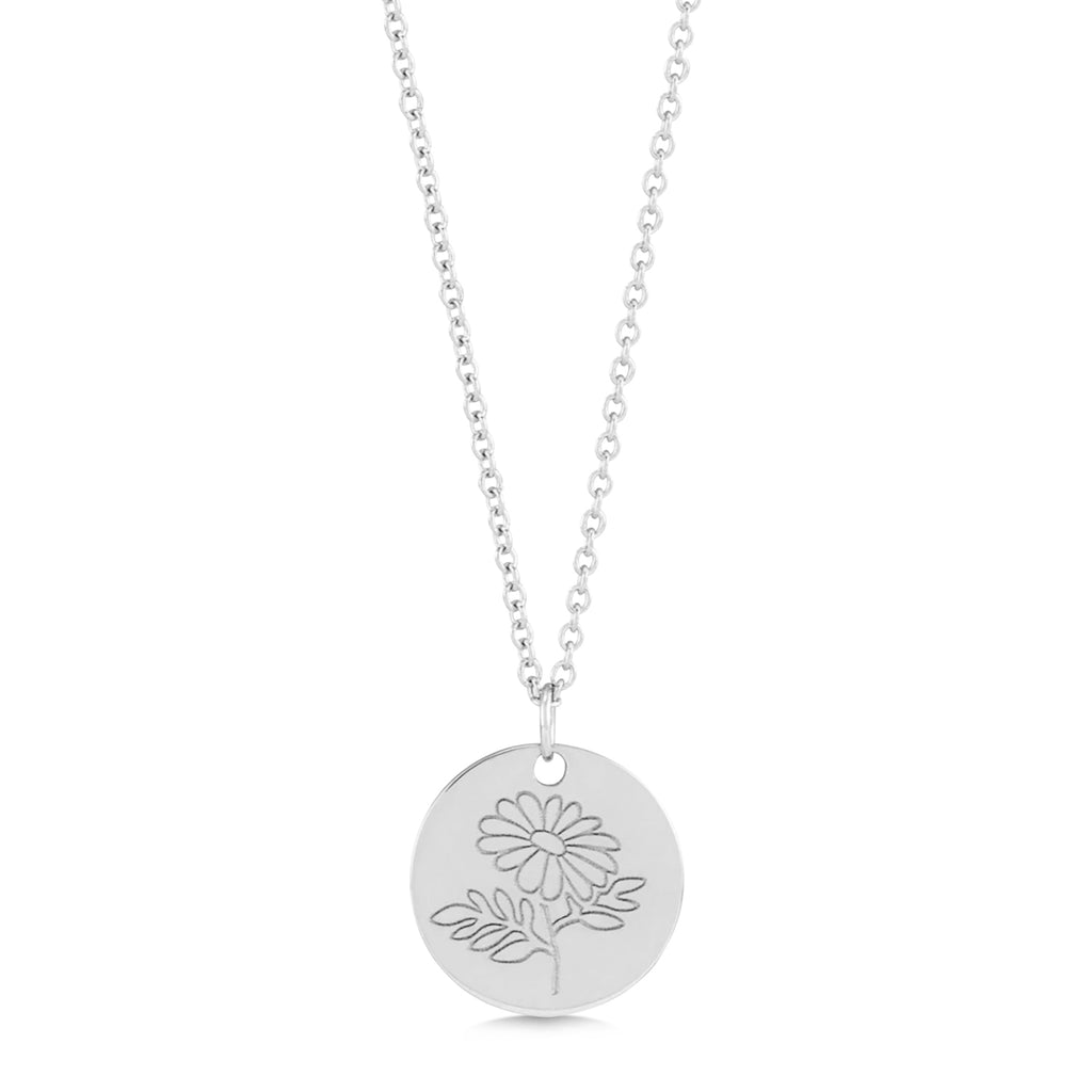 April Birth Flower Daisy Disc Pendant Necklace Sterling Silver