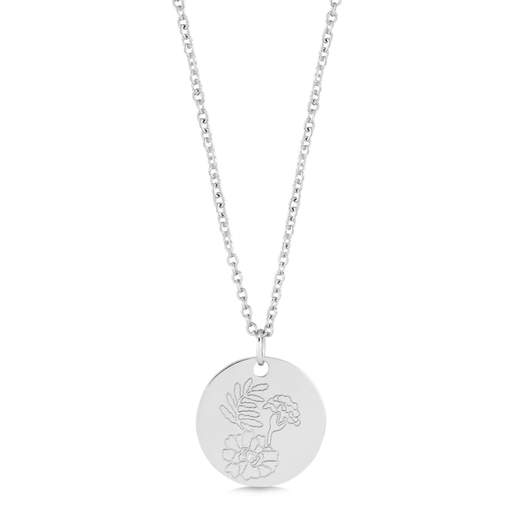 October Birth Flower Marigold Disc Pendant Necklace 14K White Gold