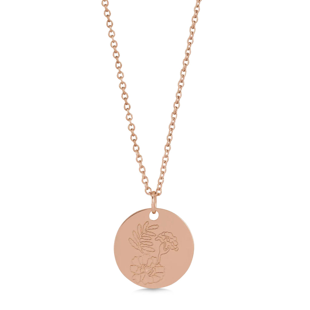 October Birth Flower Marigold Disc Pendant Necklace 14K Rose Gold