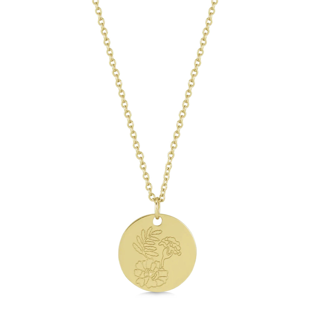 October Birth Flower Marigold Disc Pendant Necklace 14K Yellow Gold