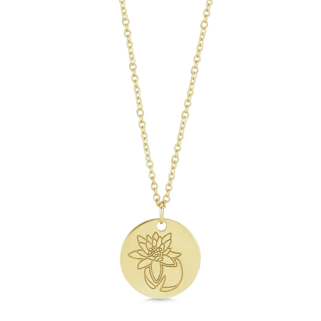 July Birth Flower Waterlily Disc Pendant Necklace Vermeil