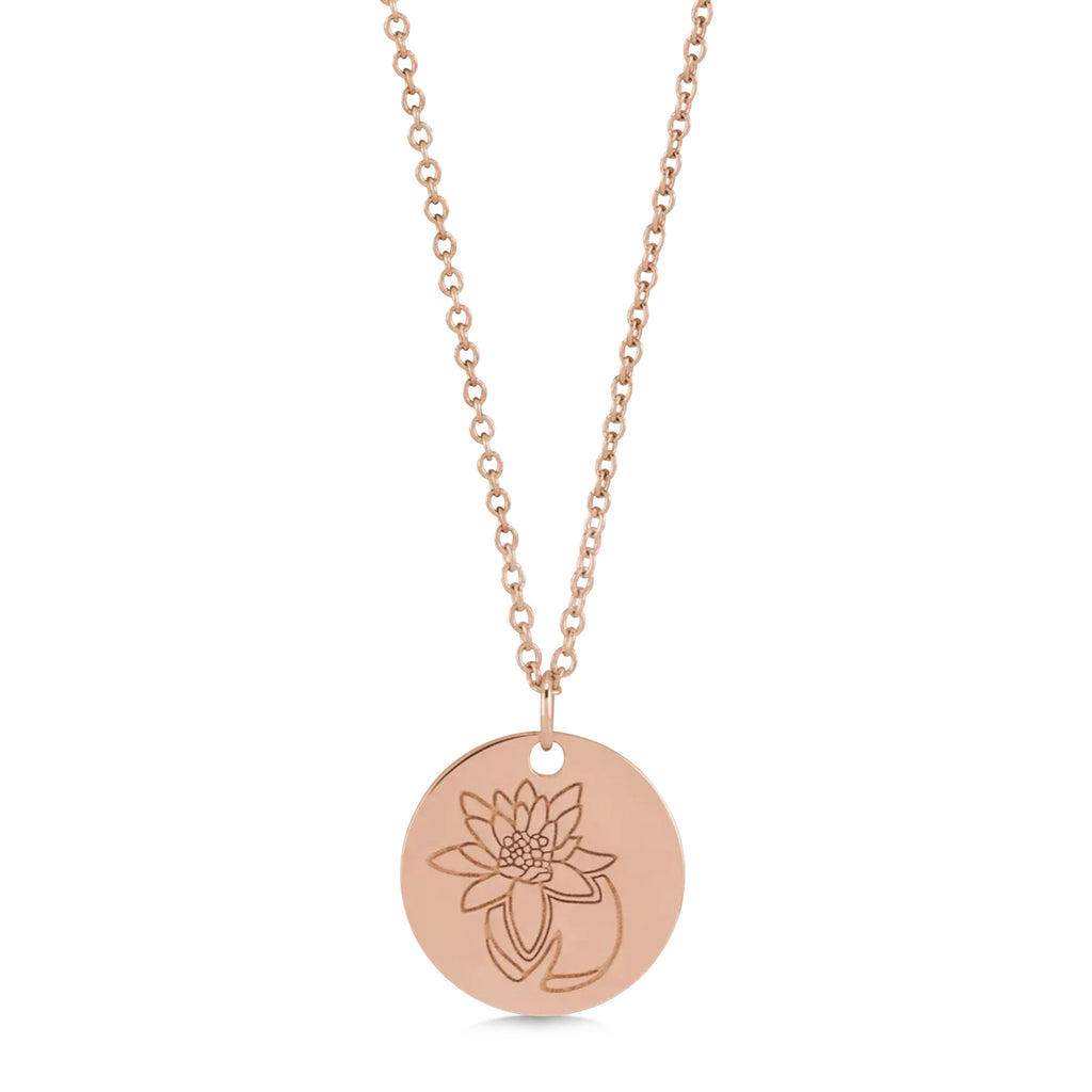 July Birth Flower Waterlily Disc Pendant Necklace 14K Rose Gold