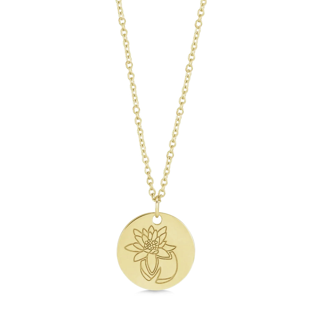 July Birth Flower Waterlily Disc Pendant Necklace 14K Yellow Gold