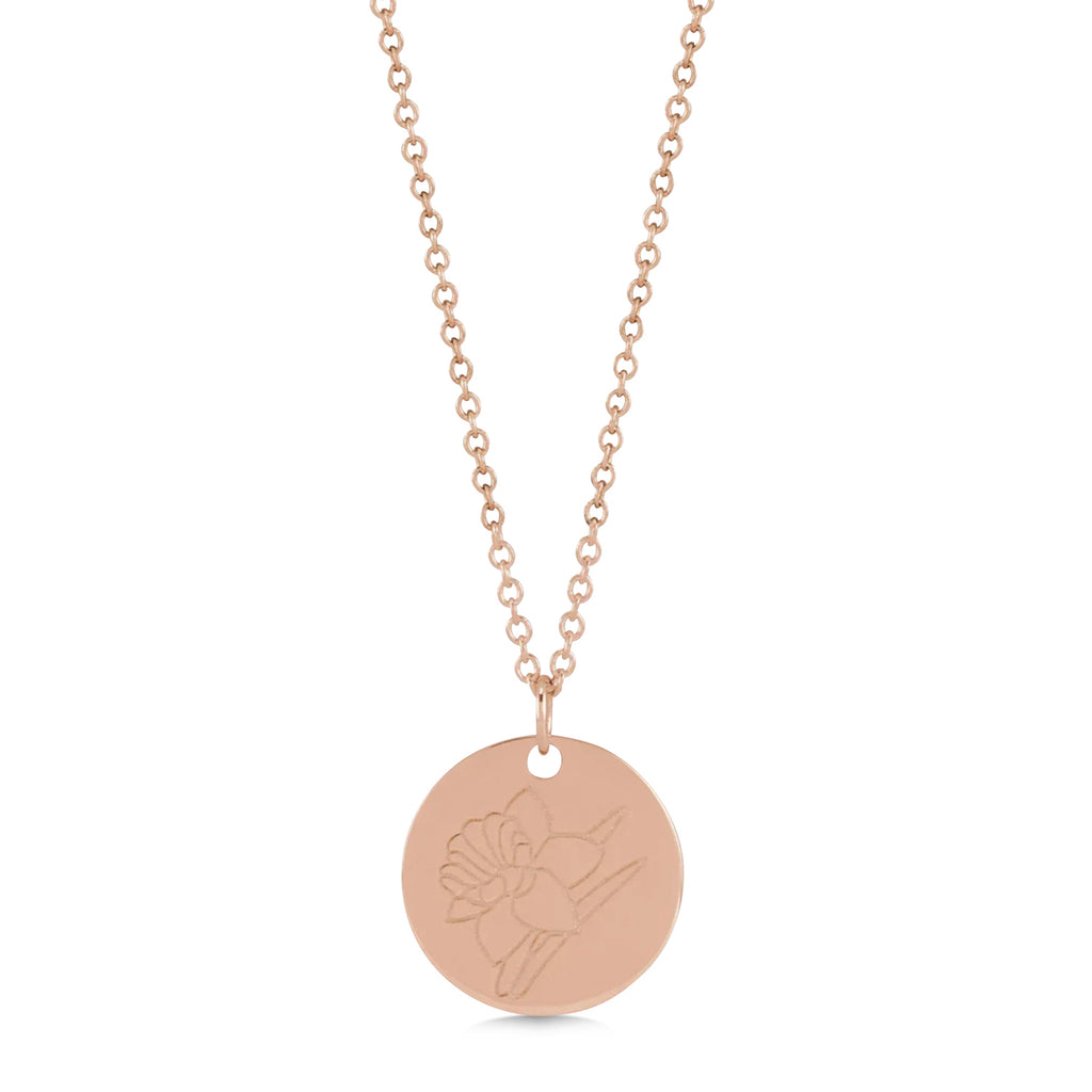 March Birth Flower Daffodil Disc Pendant Necklace 14K Rose Gold