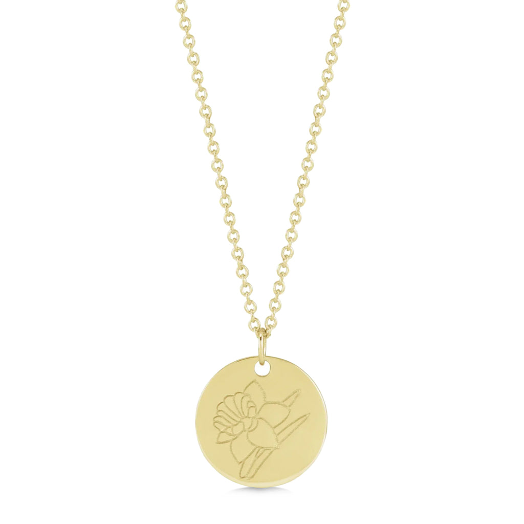 March Birth Flower Daffodil Disc Pendant Necklace 14K Yellow Gold