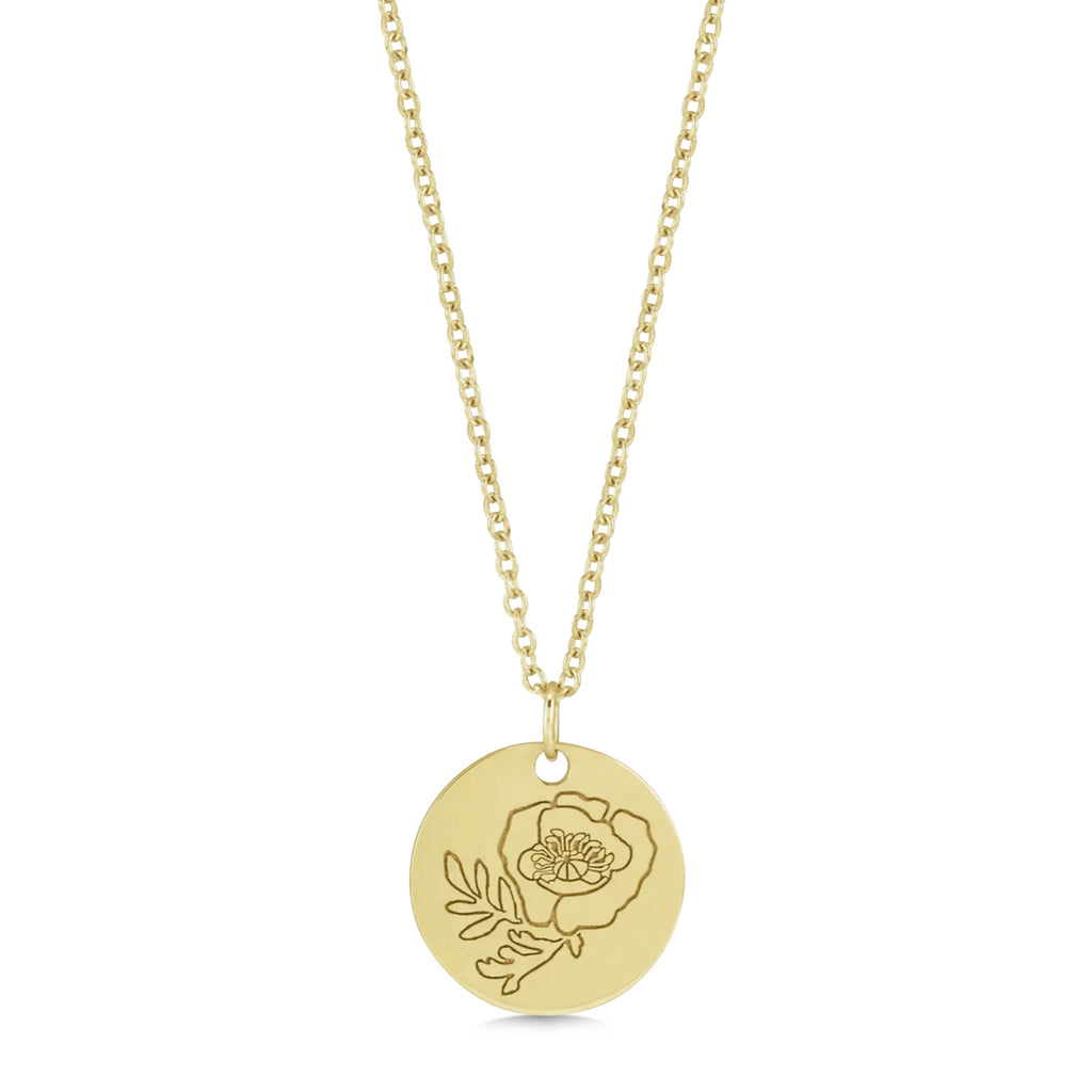 August Birth Flower Poppy Disc Pendant Necklace Vermeil