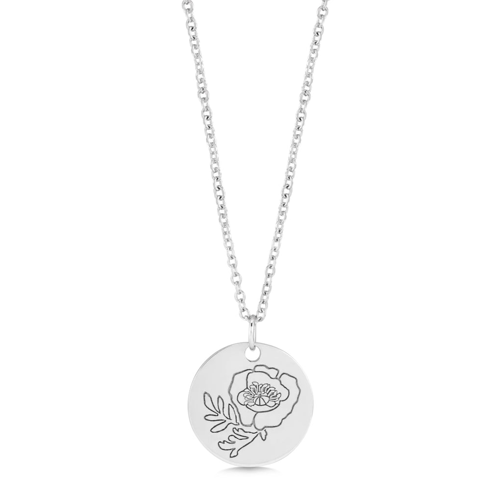 August Birth Flower Poppy Disc Pendant Necklace 14K White Gold