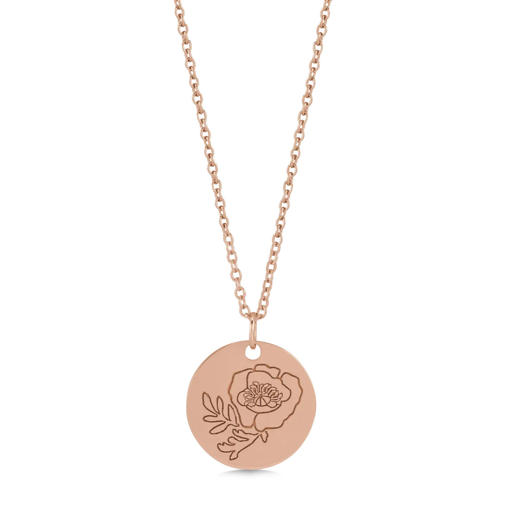August Birth Flower Poppy Disc Pendant Necklace 14K Rose Gold
