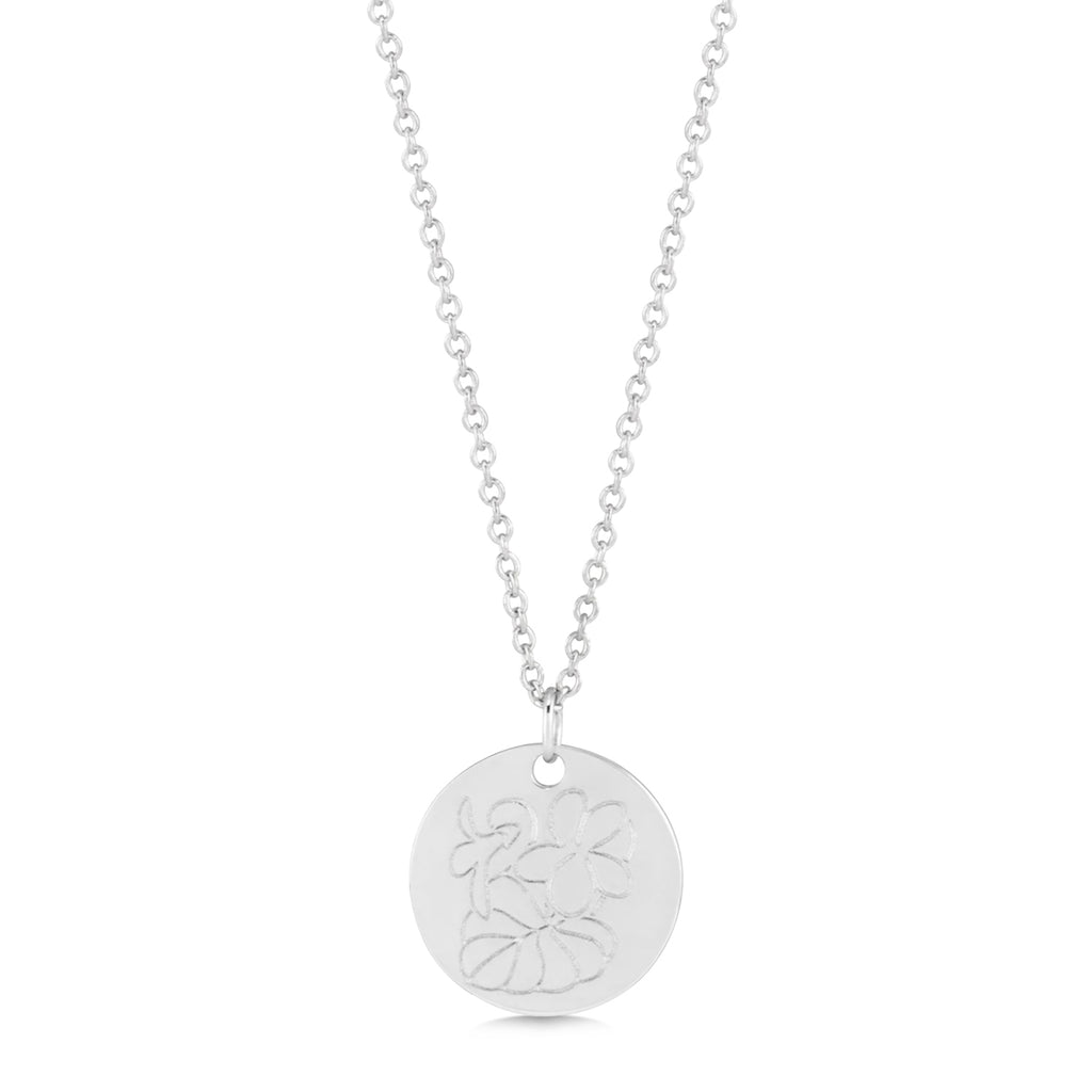February Birth Flower Violet Disc Pendant Necklace Sterling Silver