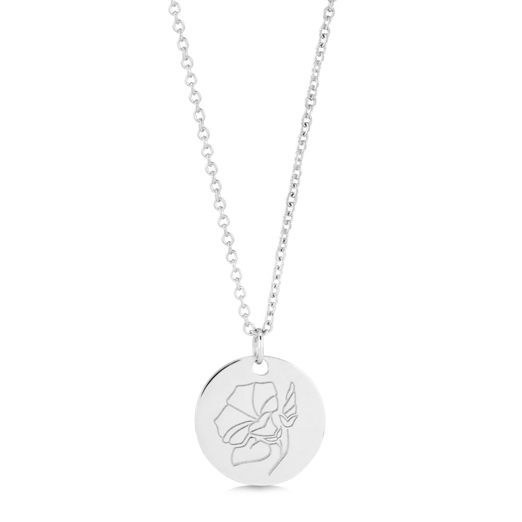 September Birth Flower Morning Glory Disc Pendant Necklace 14K White Gold
