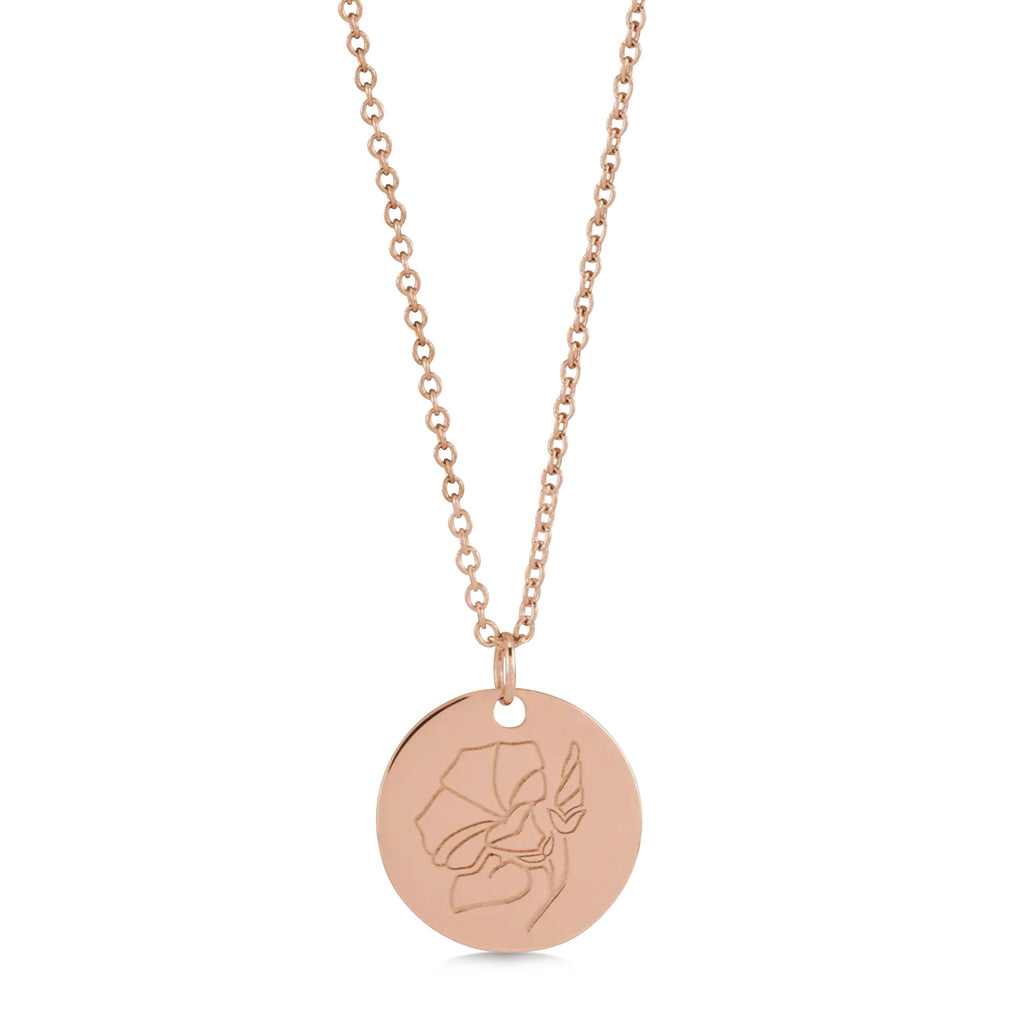 September Birth Flower Morning Glory Disc Pendant Necklace 14K Rose Gold
