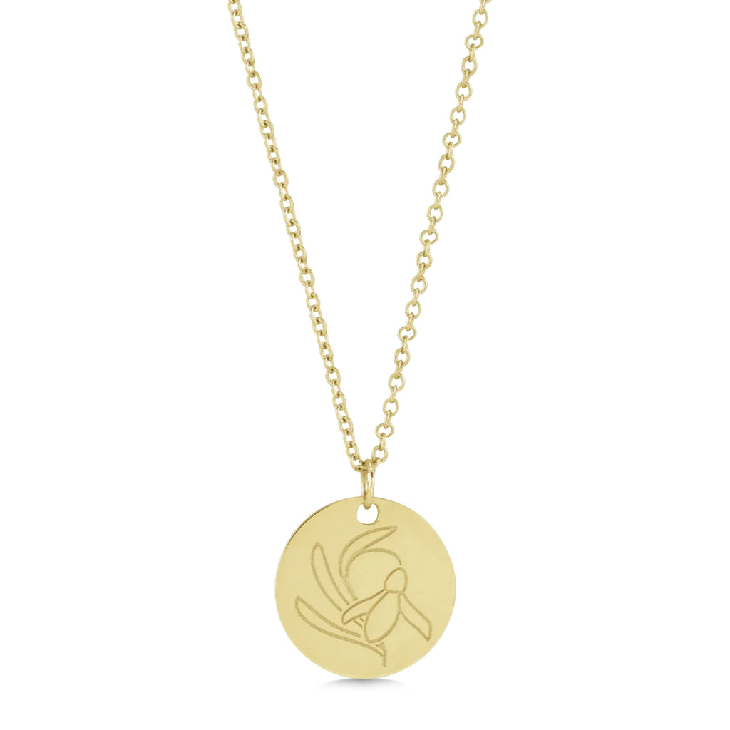 January Birth Flower Snow Drop Disc Pendant Necklace 14K Yellow Gold