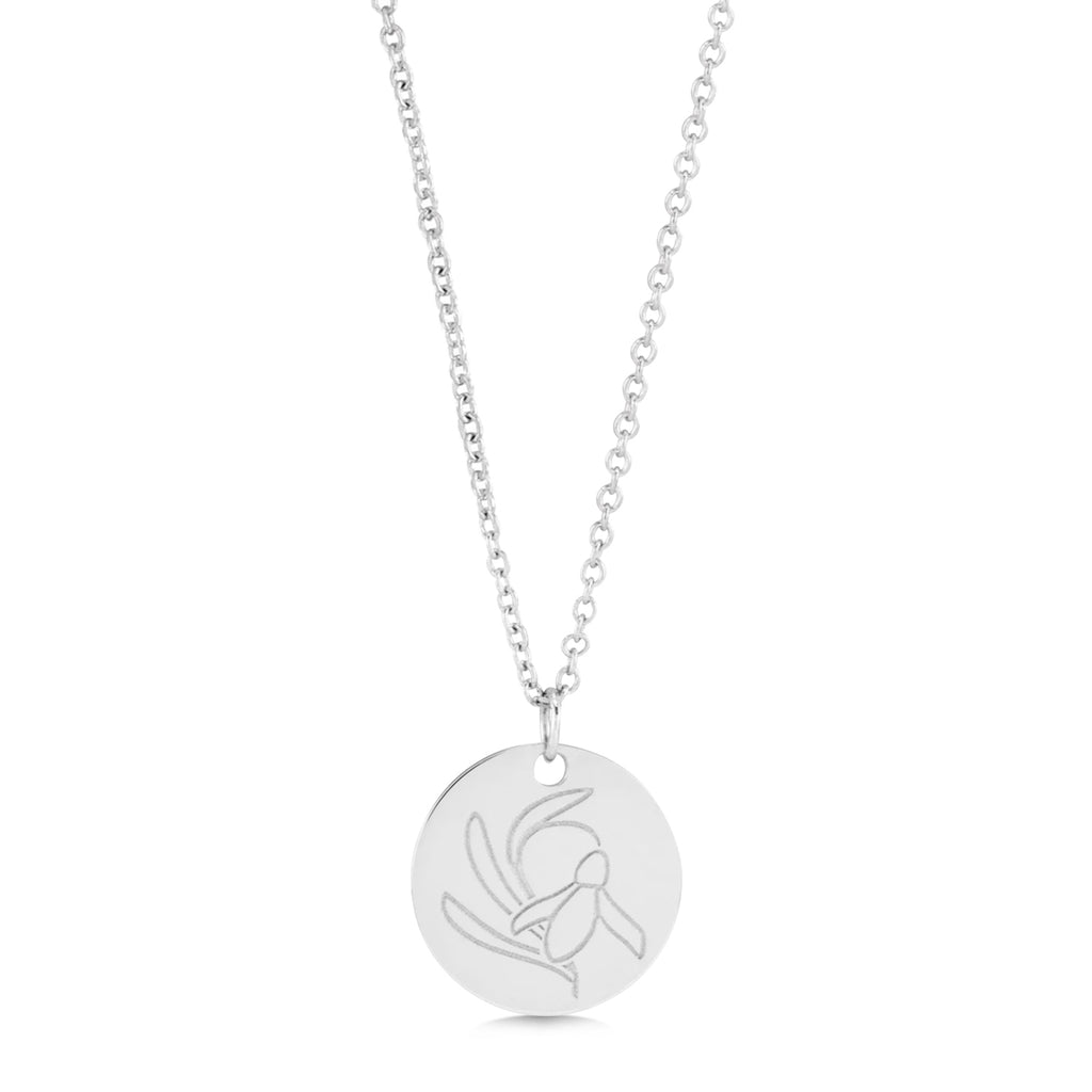 January Birth Flower Snow Drop Disc Pendant Necklace Sterling Silver