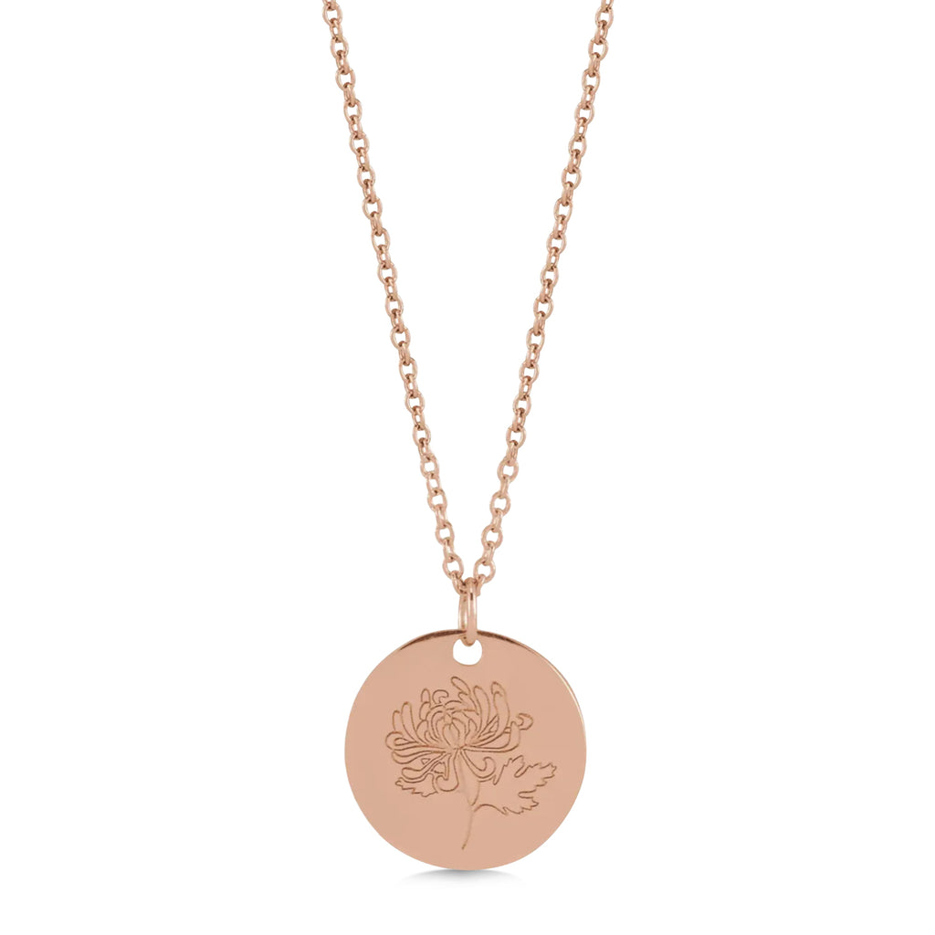 November Birth Flower Chrysanthemum Disc Pendant Necklace 14K Rose Gold