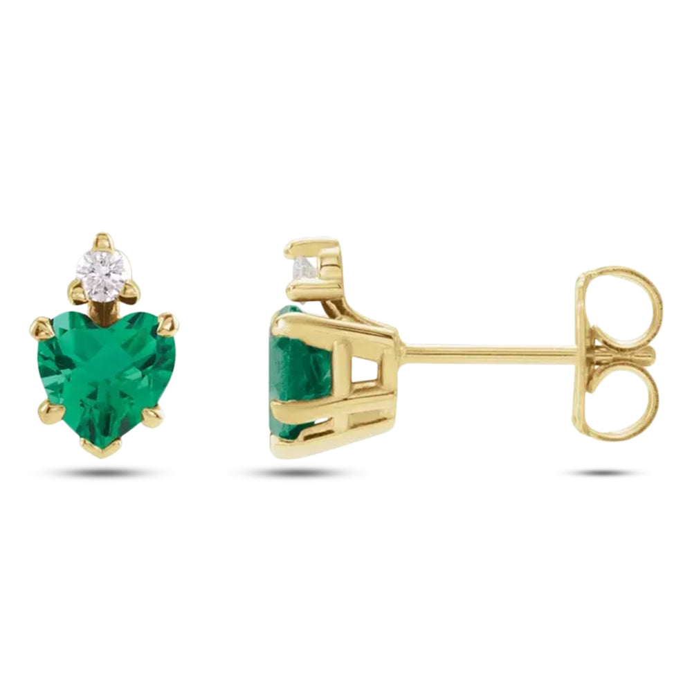 Heart Lab Grown Emerald & Natural Diamond Stud Earrings 14K Yellow Gold (0.46ct)