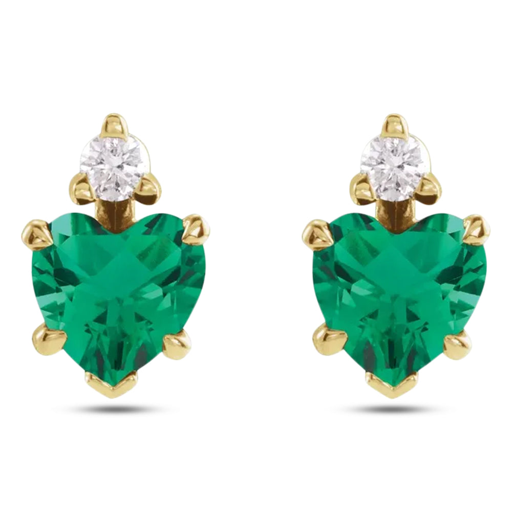 Heart Lab Grown Emerald & Natural Diamond Stud Earrings 14K Yellow Gold (0.46ct)
