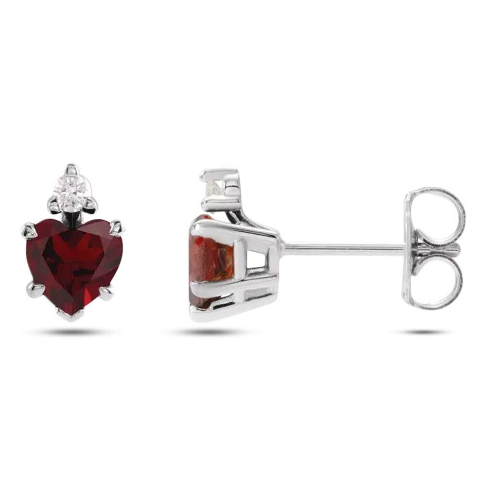 Heart Natural Mozambique Garnet & Natural Diamond Stud Earrings 14K White Gold (0.66ct)