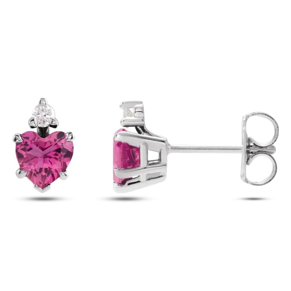 Heart Natural Pink Tourmaline & Natural Diamond Stud Earrings 14K White Gold (0.52ct)
