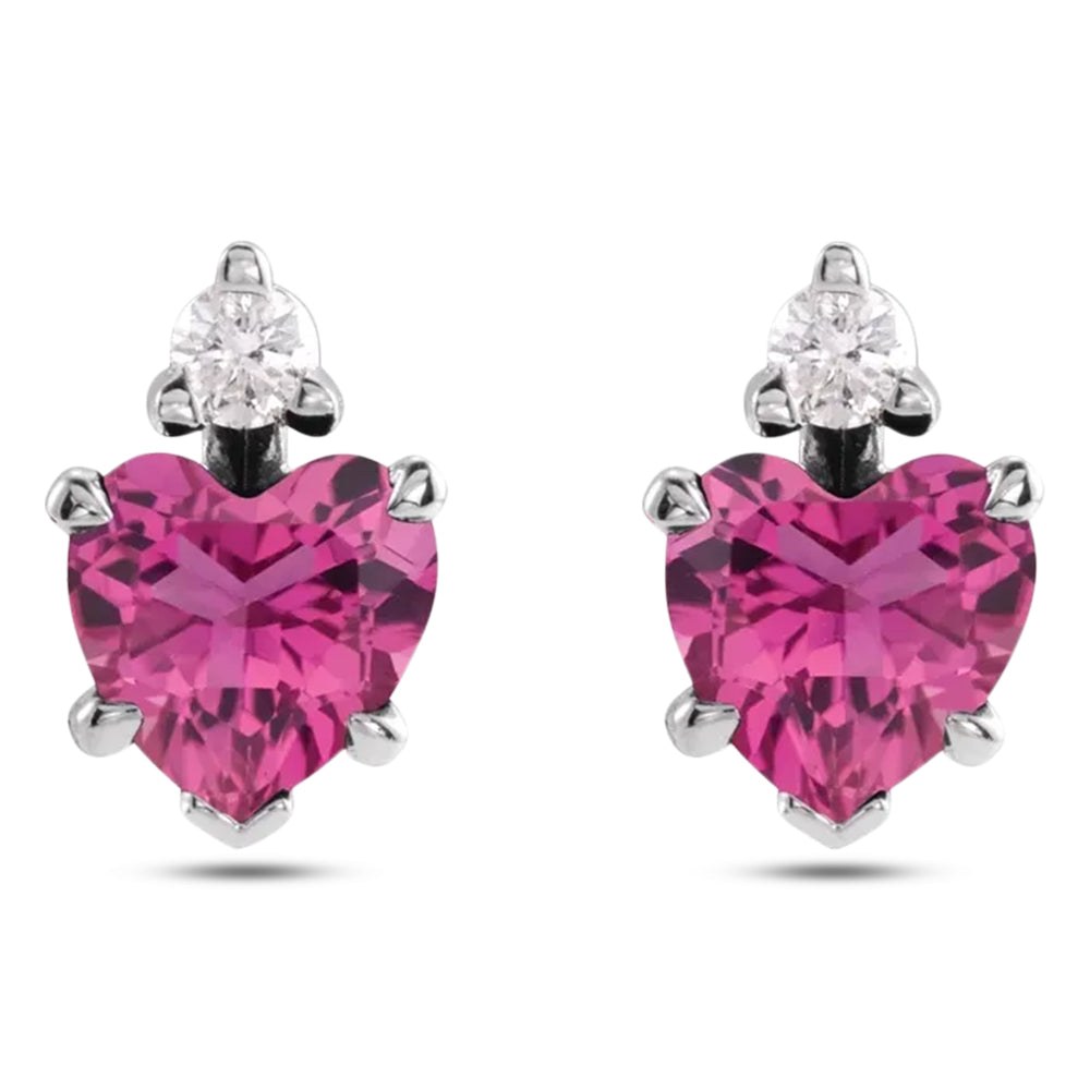 Heart Natural Pink Tourmaline & Natural Diamond Stud Earrings 14K White Gold (0.52ct)