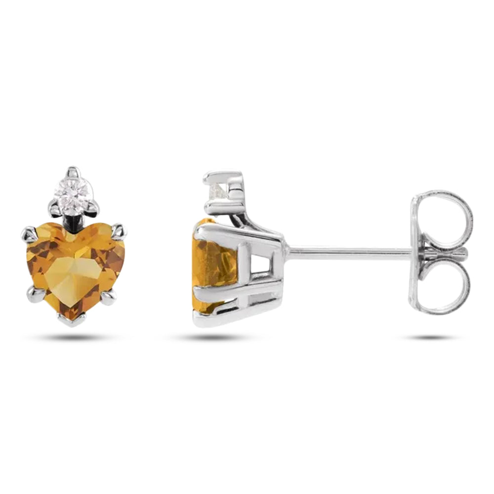 Heart Natural Citrine & Natural Diamond Stud Earrings 14K White Gold (0.48ct)