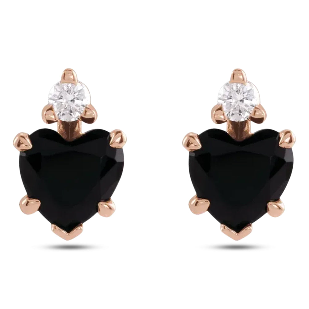 Heart Natural Black Onyx & Natural Diamond Stud Earrings 14K Rose Gold (0.41ct)