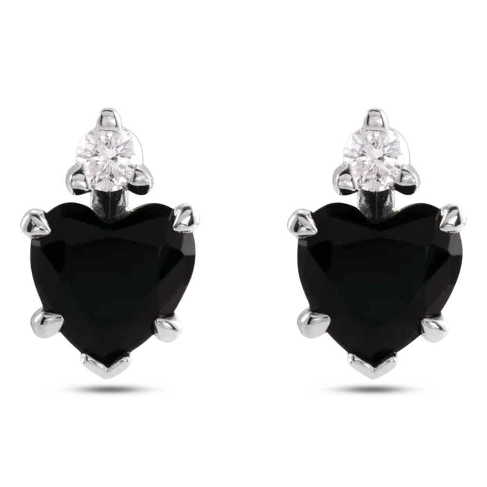 Heart Natural Black Onyx & Natural Diamond Stud Earrings 14K White Gold (0.41ct)