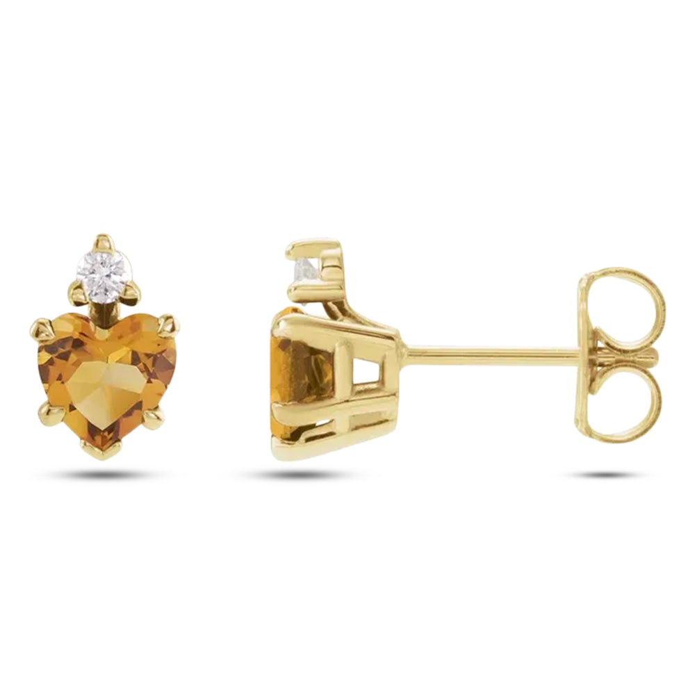 Heart Natural Citrine & Natural Diamond Stud Earrings 14K Yellow Gold (0.48ct)