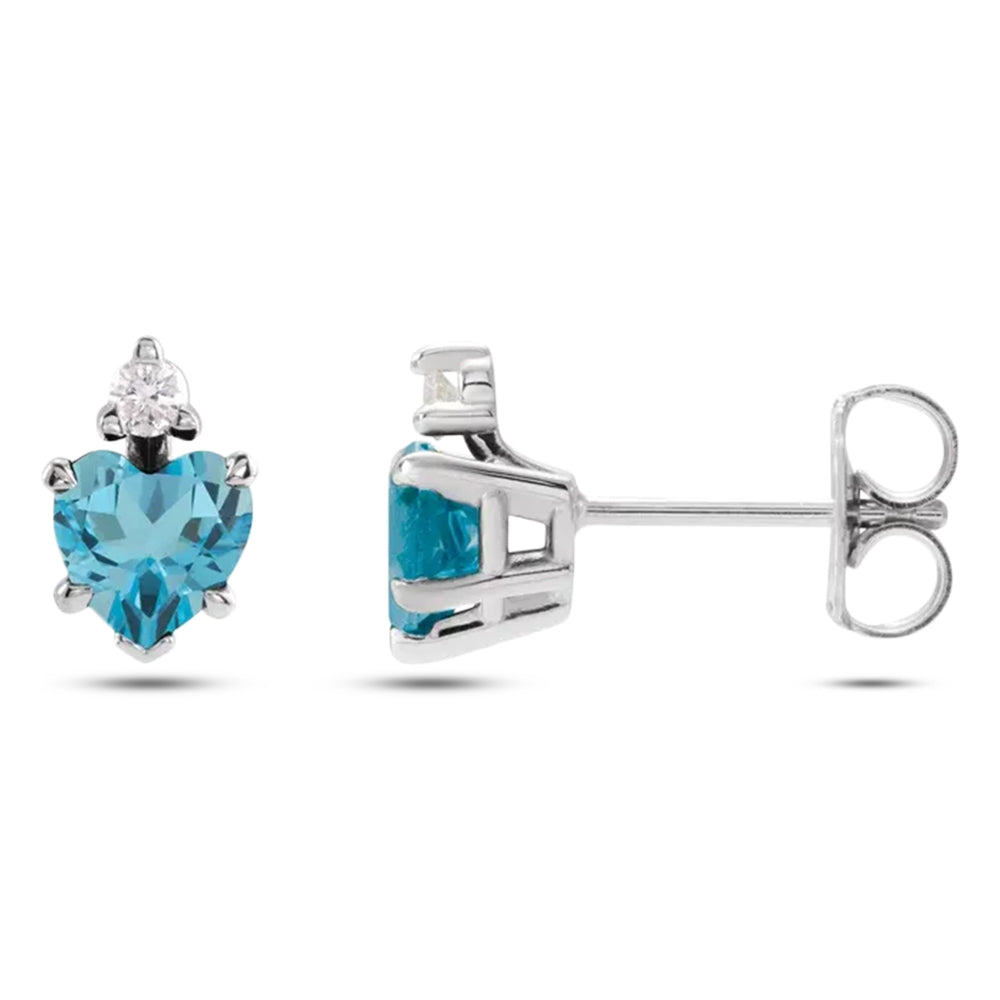 Heart Natural London Blue Topaz & Natural Diamond Stud Earrings 14K White Gold (0.63ct)