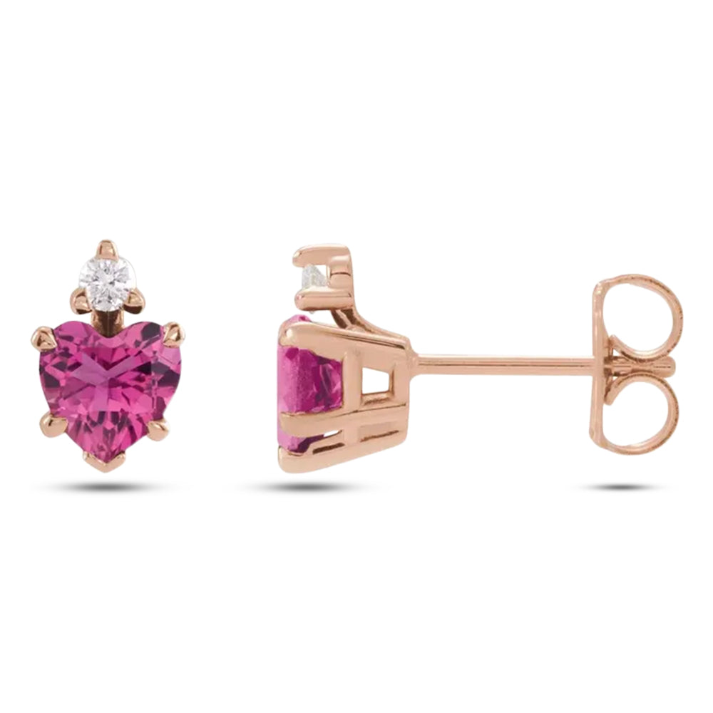 Heart Natural Pink Tourmaline & Natural Diamond Stud Earrings 14K Rose Gold (0.52ct)