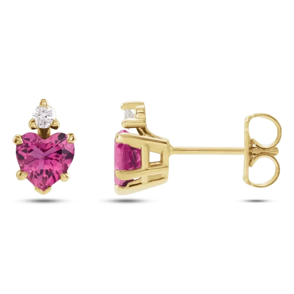 Heart Natural Pink Tourmaline & Natural Diamond Stud Earrings 14K Yellow Gold (0.52ct)